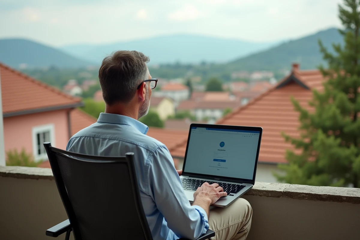 Homme travaillant sur un balcon avec vue sur un village provincial