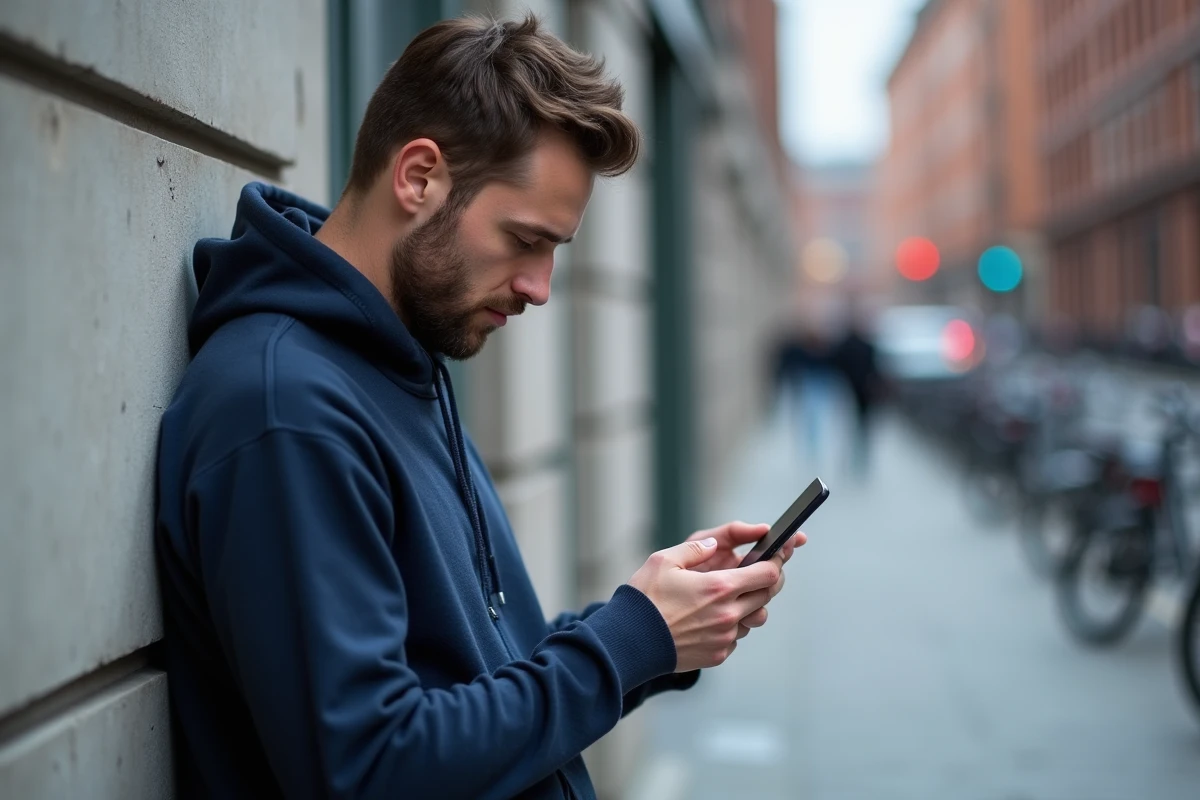 Homme en ville regardant un profil Instagram privé sur son téléphone portable dans un contexte urbain