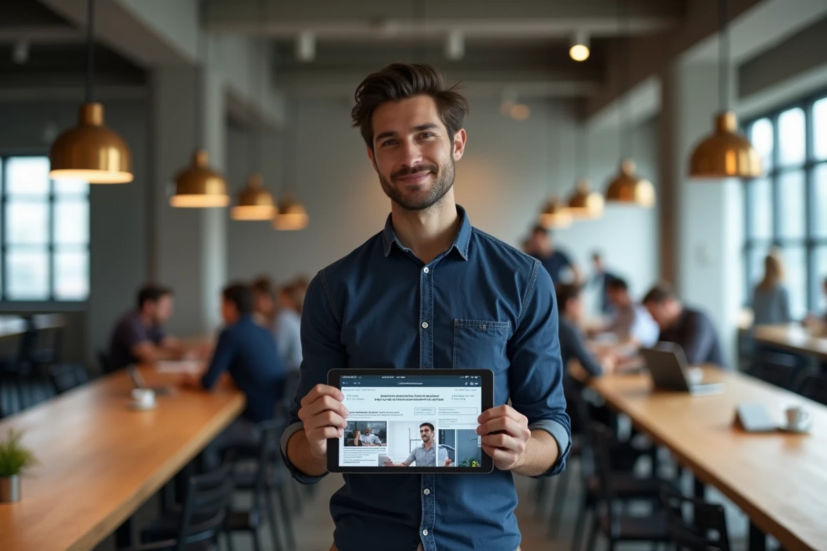 Homme consultant les tendances du web sur une tablette dans un espace de coworking
