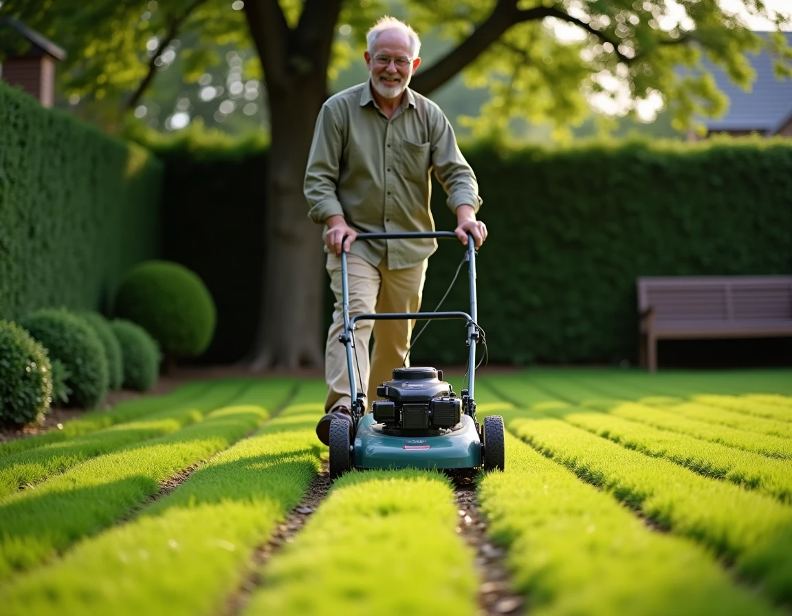 Homme tondant une pelouse verdoyante et bien entretenue avec une tondeuse manuelle dans un jardin résidentiel