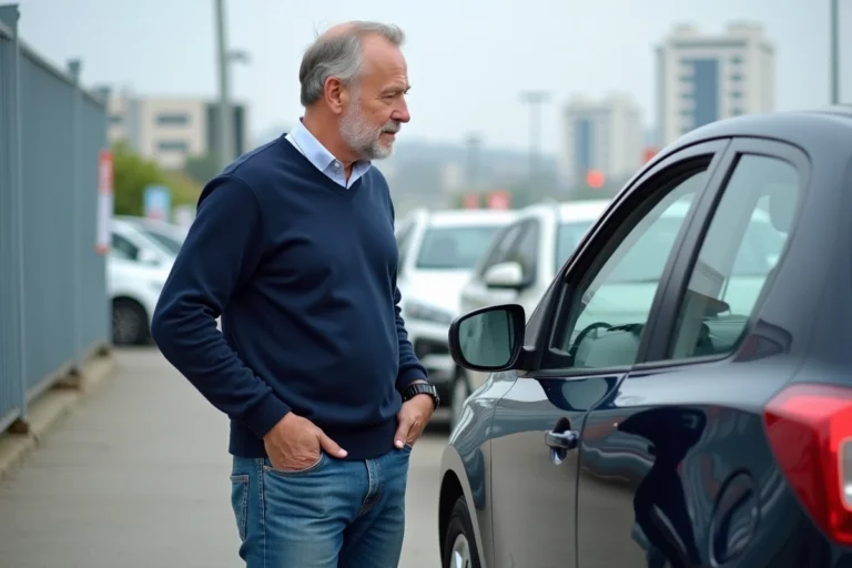 Homme d'âge moyen inspectant une voiture d'occasion en extérieur