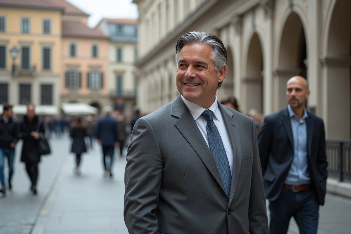 Igor Tikovoï en costume charbon sur une place pavée européenne, souriant avec assurance, symbolisant sa consécration sur la scène internationale