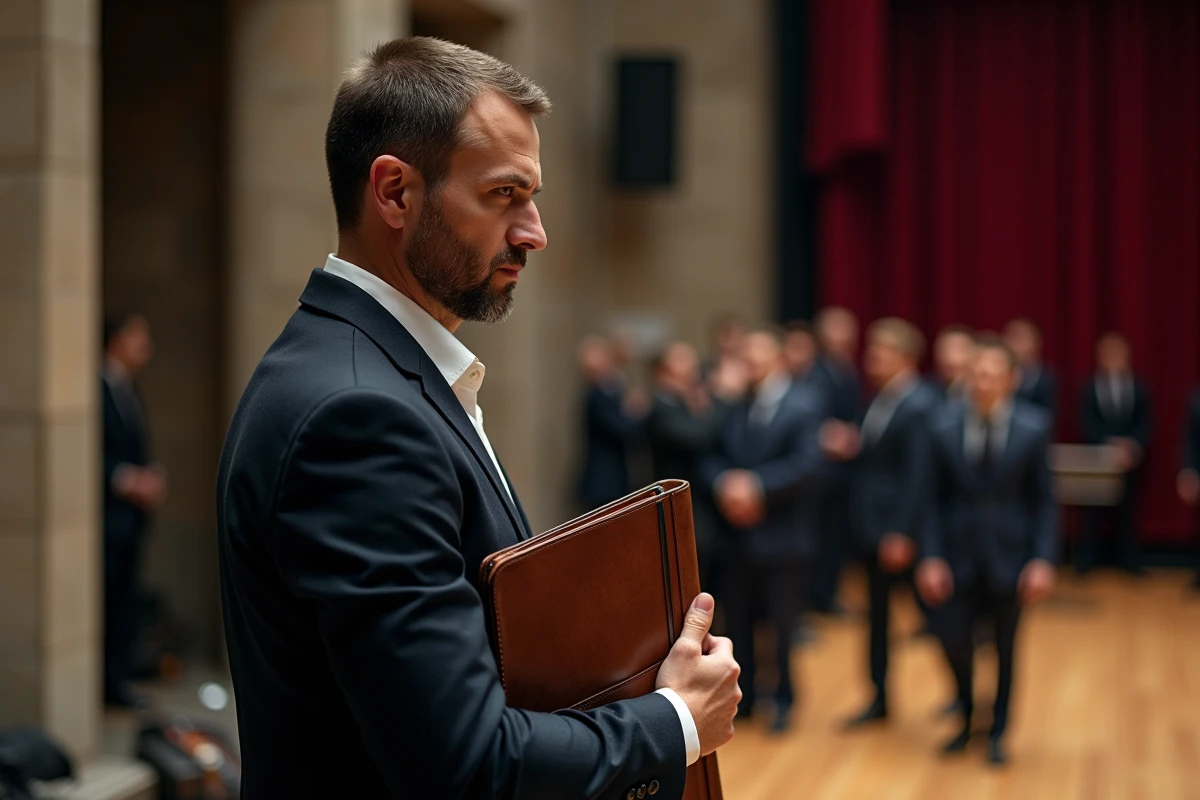 Igor Tikovoï en coulisses d'une grande salle de spectacle, vêtu d'un blazer marine, tenant un portfolio en cuir, à l'aube de sa percée internationale