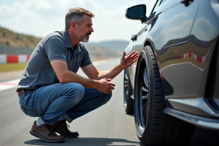 Ingénieur automobile examine un pneu Sebring en extérieur
