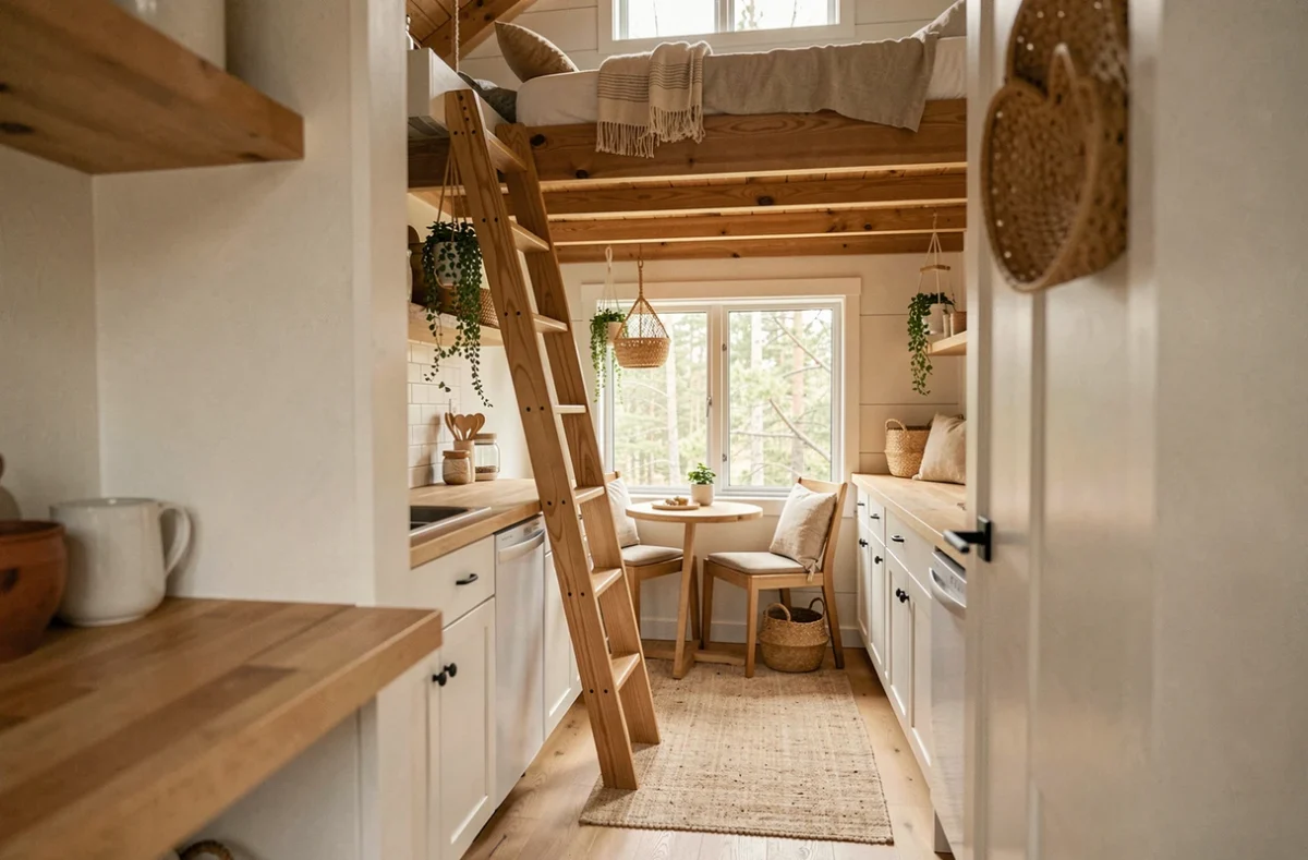 Intérieur optimisé d'une petite maison avec mezzanine, cuisine compacte et décoration scandinave chaleureuse