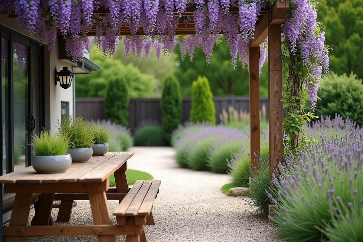 Jardin de banlieue aménagé avec une pergola en bois, des fleurs vivaces et une allée en gravier pour un espace extérieur de rêve