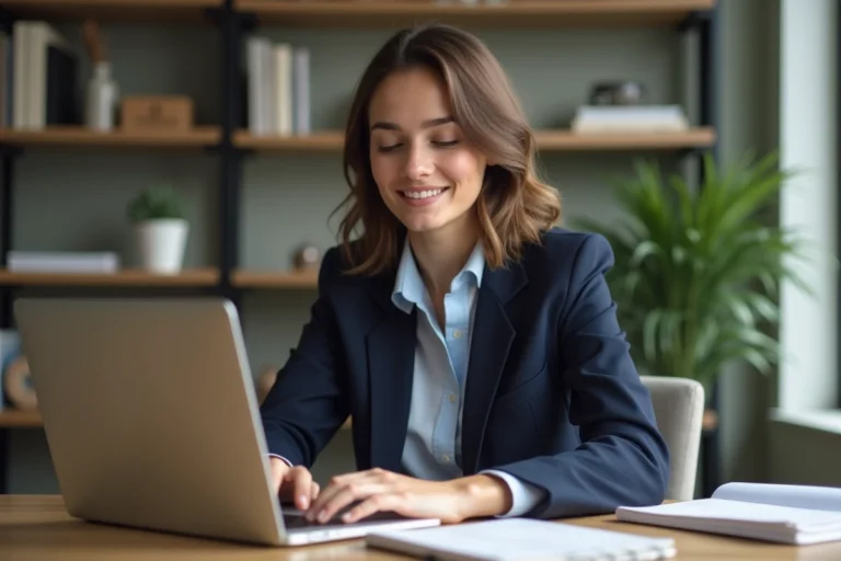 Jeune femme en blazer navy travaillant sur son ordinateur dans un bureau moderne