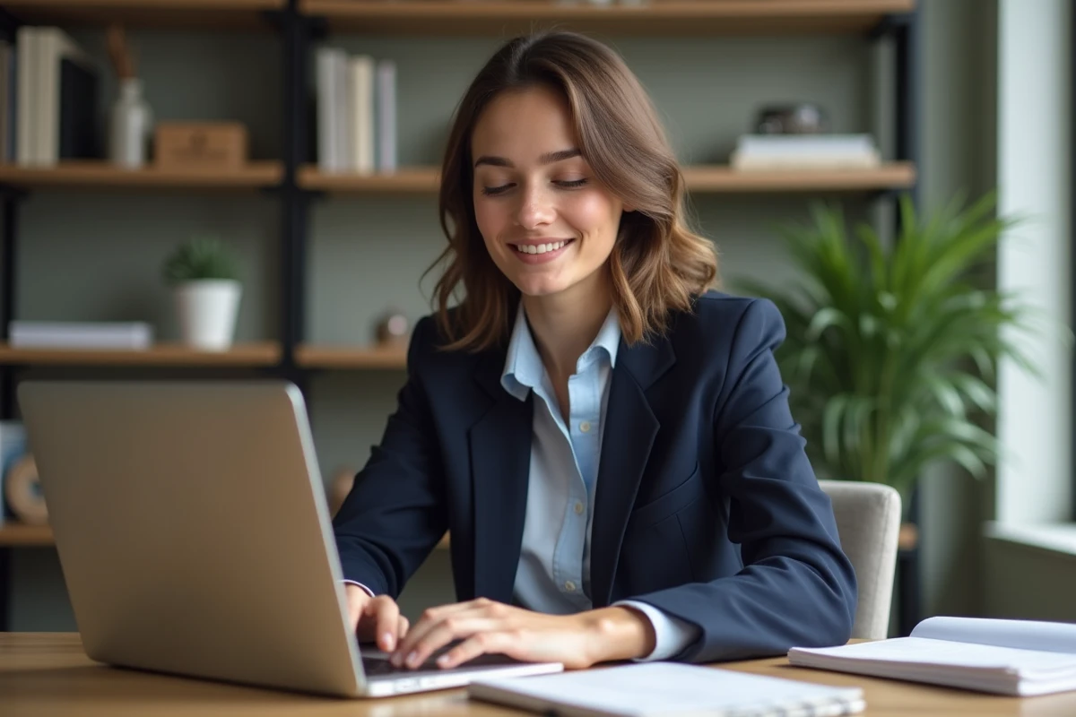 Jeune femme en blazer navy travaillant sur son ordinateur dans un bureau moderne