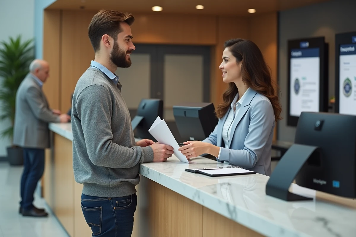 Jeune homme remettant un dossier à une conseillère dans une banque