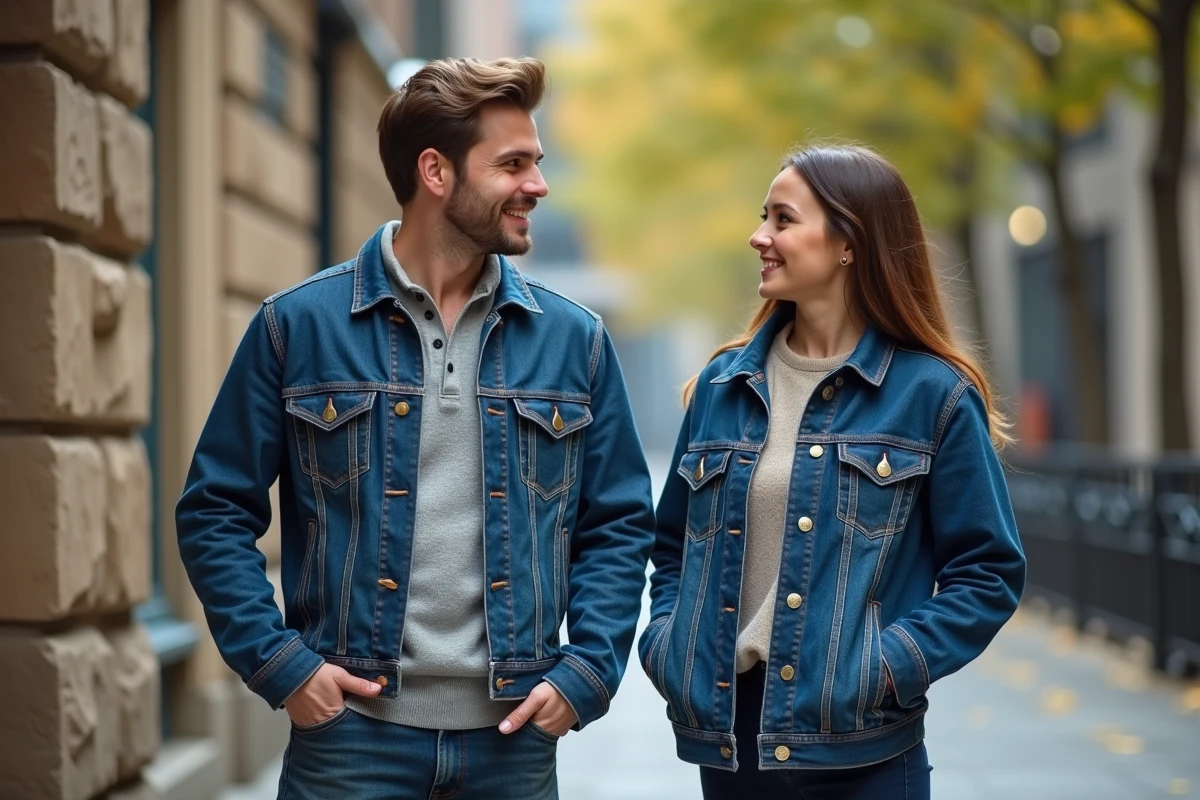 Un jeune homme et une femme regardant des vestes en denim en extérieur