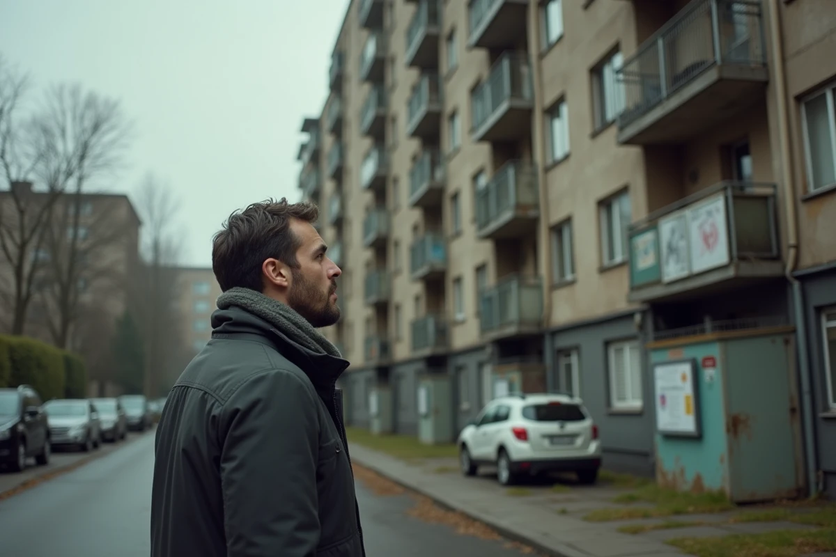 Jeune homme regardant un immeuble HLM usé en extérieur