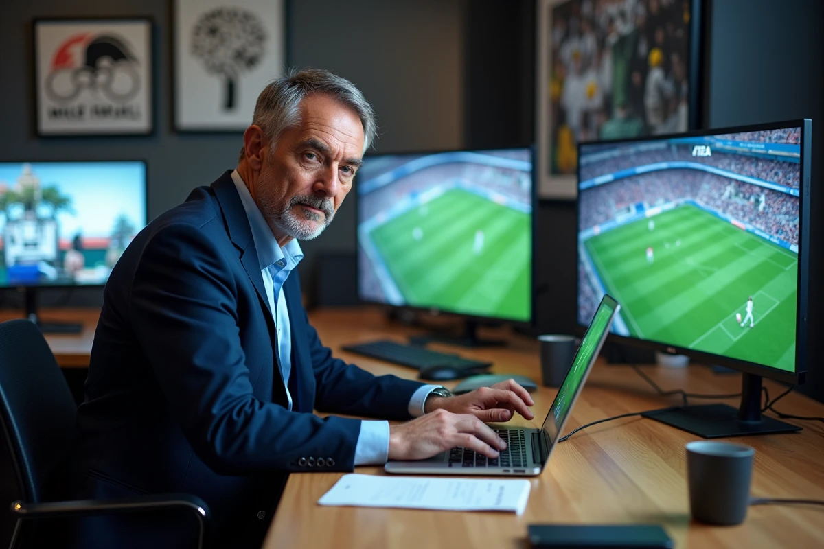 Journaliste sportif travaillant dans une salle de presse