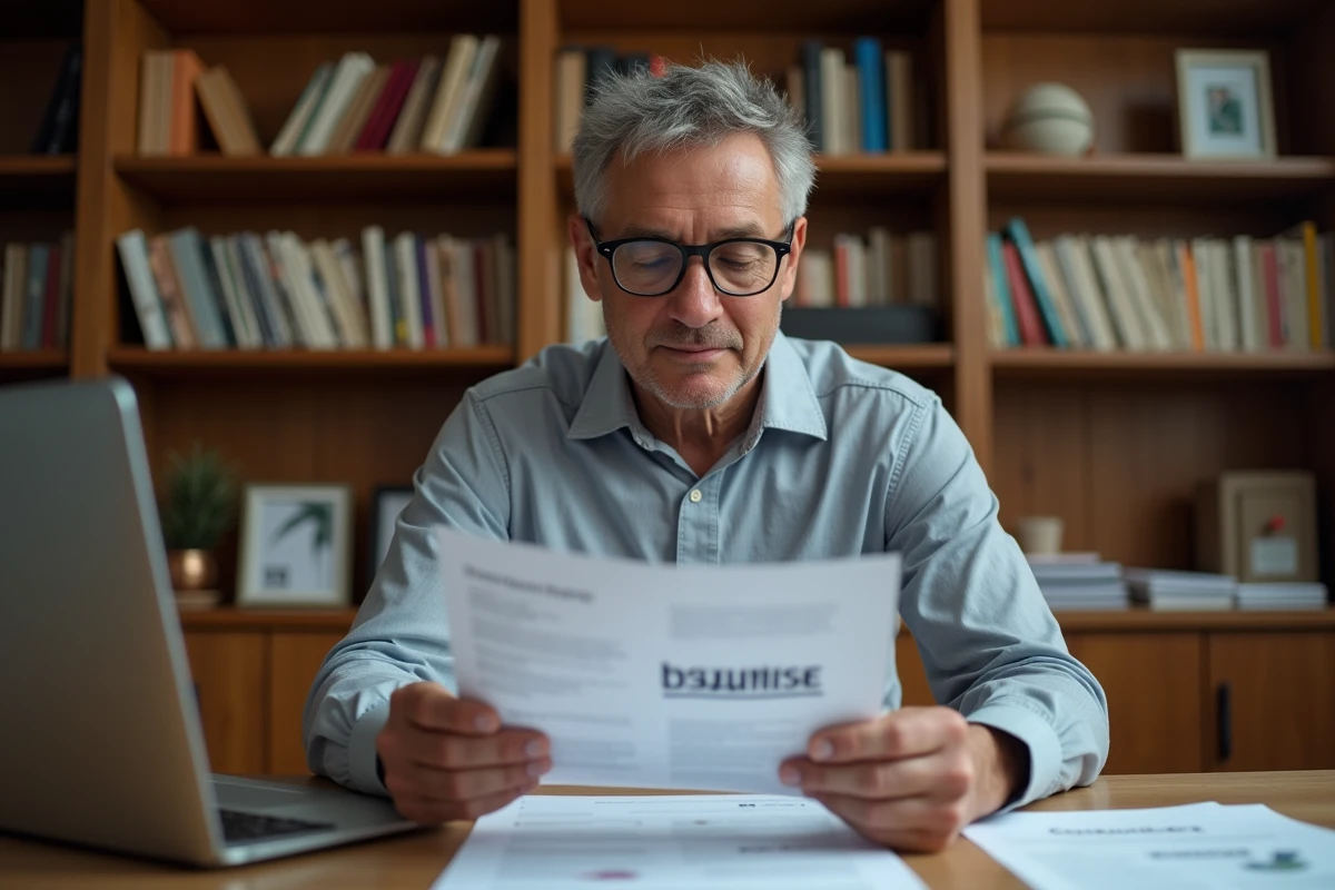 Homme lisant attentivement un document officiel annonçant le changement de nom d'une marque à son bureau