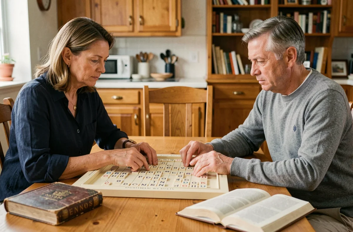 Deux joueurs adultes en désaccord sur un mot lors d'une partie de Scrabble, consultant un dictionnaire français posé sur la table en bois