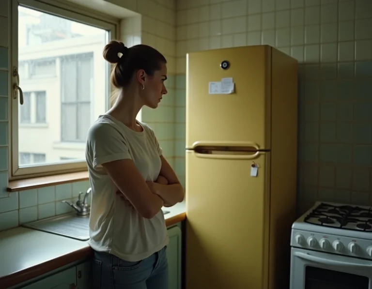 Locataire frustrée face à un vieux réfrigérateur défectueux dans une cuisine de location non meublée