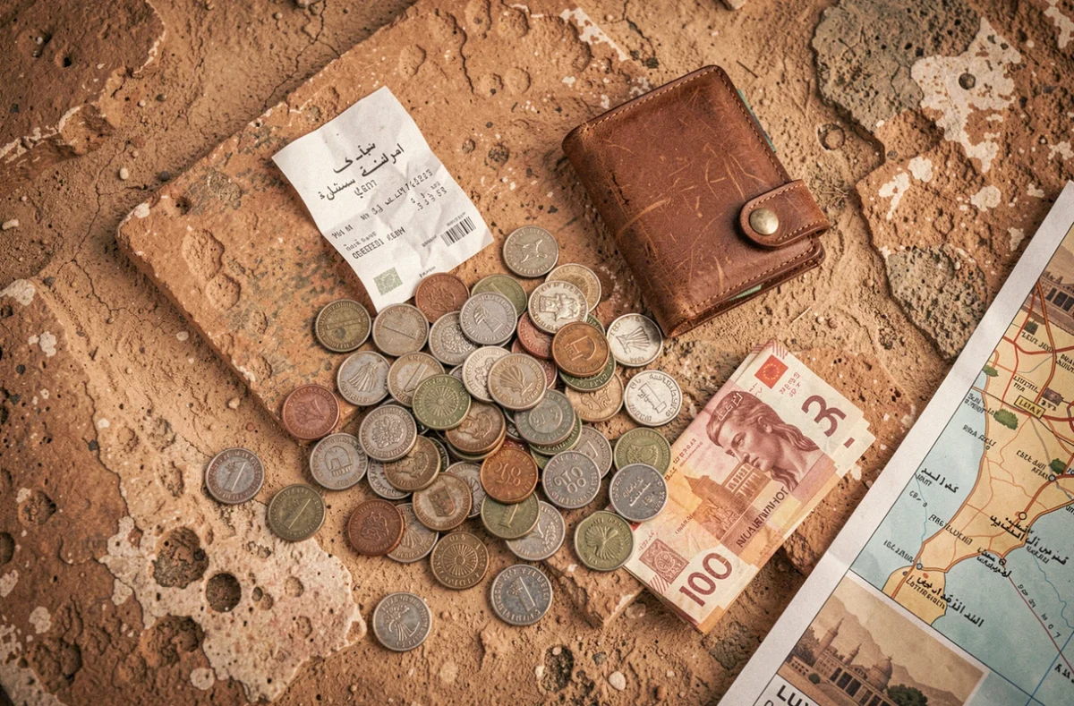 Monnaie égyptienne en pièces et billets avec portefeuille de voyage et reçu de distributeur automatique à Louxor