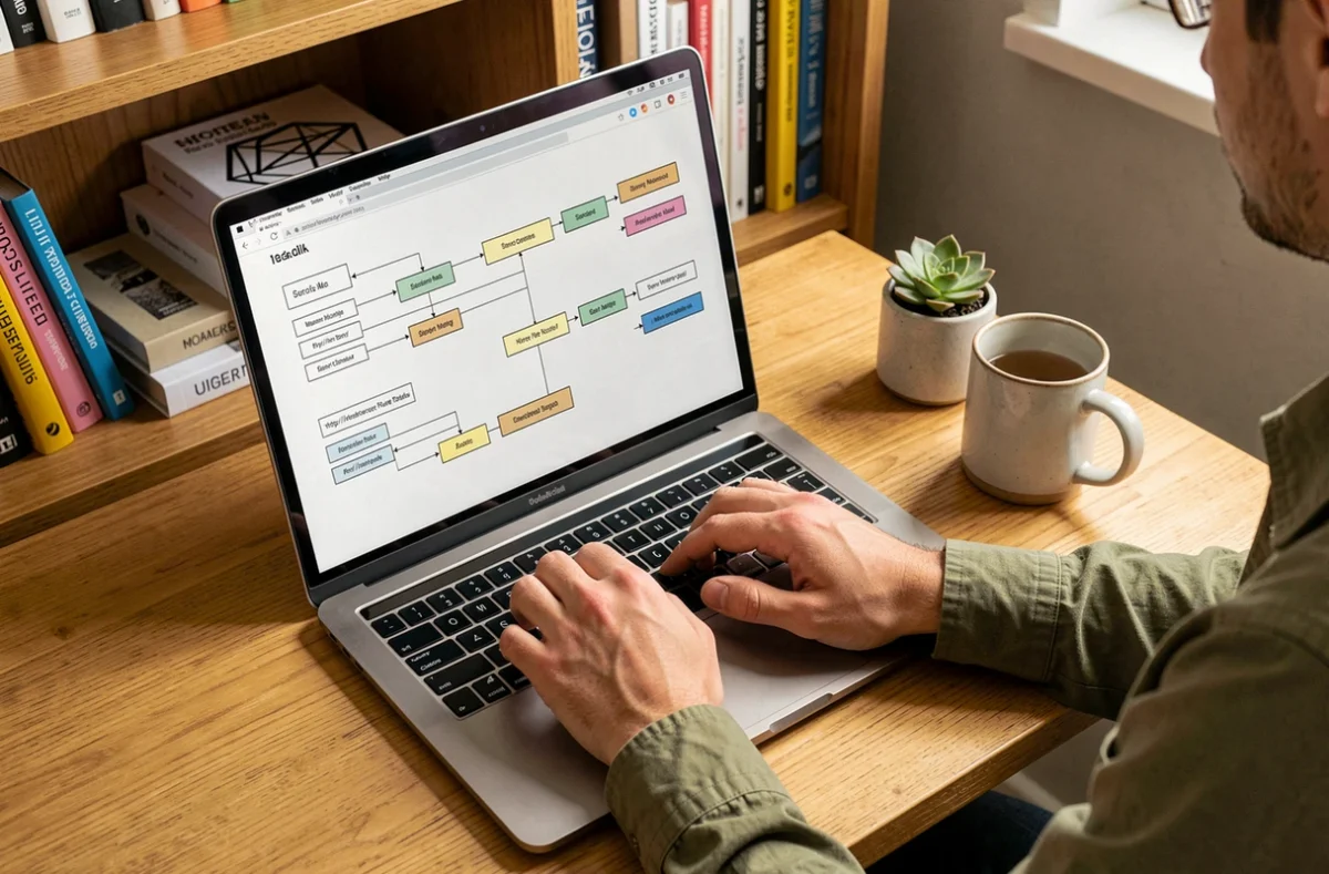 Mains naviguant sur un ordinateur portable affichant un plan de site structuré dans un bureau à domicile