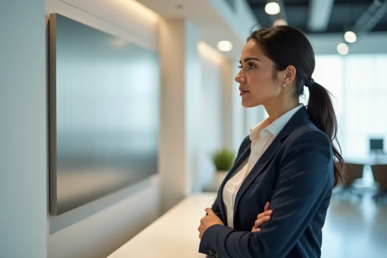 Femme d'affaires découvrant le nouveau nom d'une entreprise affiché à la réception d'un bureau moderne