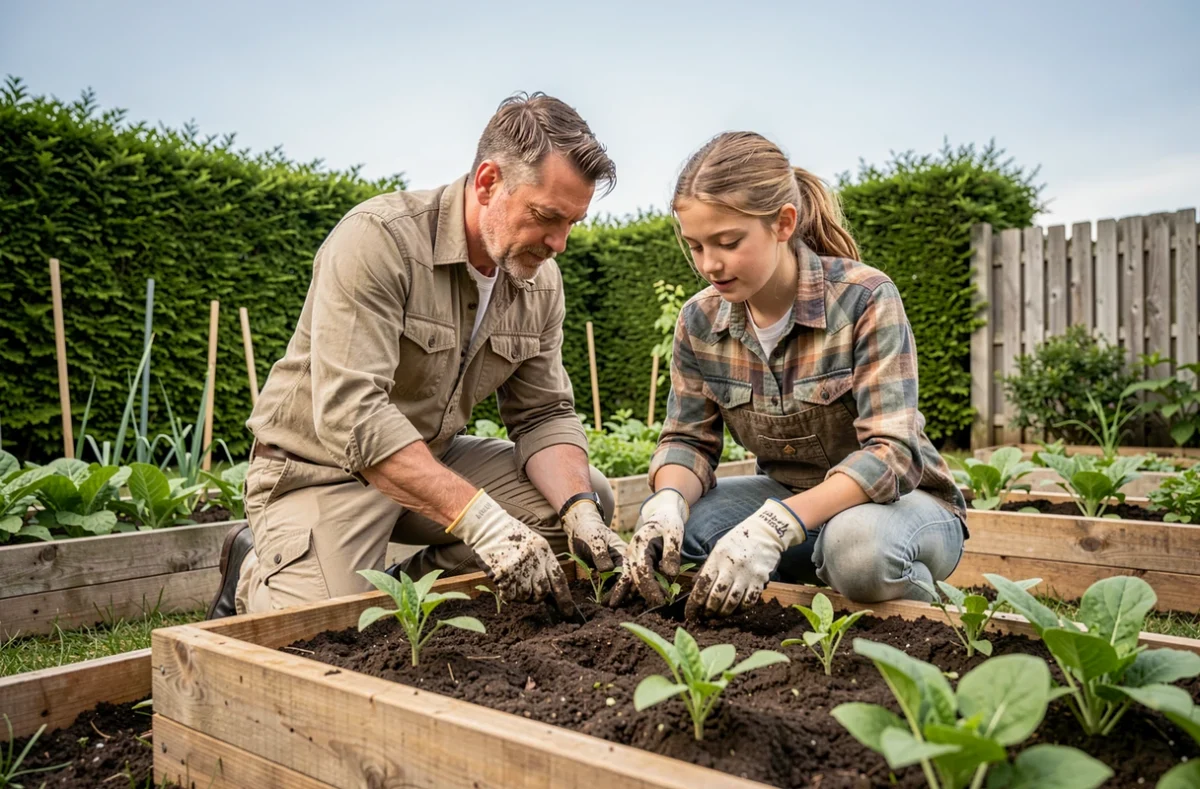 Père et adolescente jardinent ensemble dans un potager familial verdoyant à l'extérieur