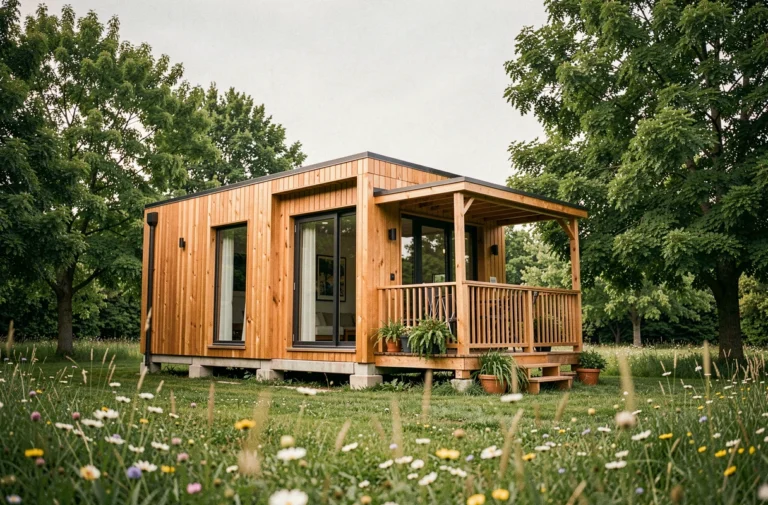 Petite maison moderne en bois avec grande baie vitrée et terrasse couverte dans un environnement naturel verdoyant