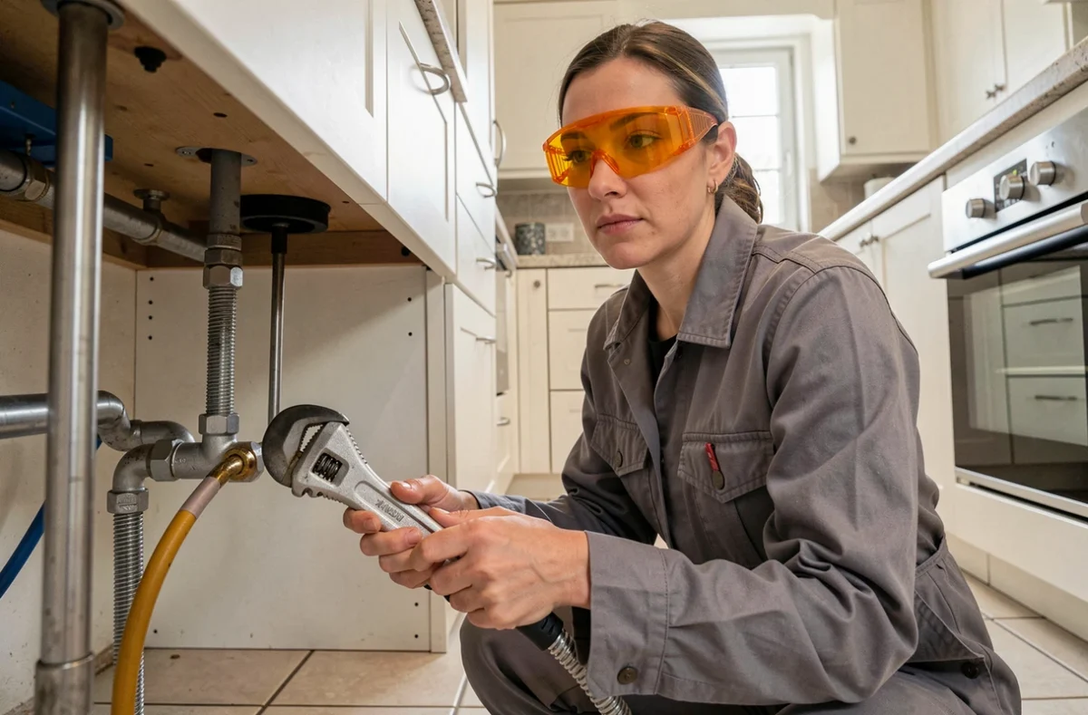 Plombière connectant un flexible de gaz naturel sous un plan de cuisine lors de l'installation d'un raccordement gaz
