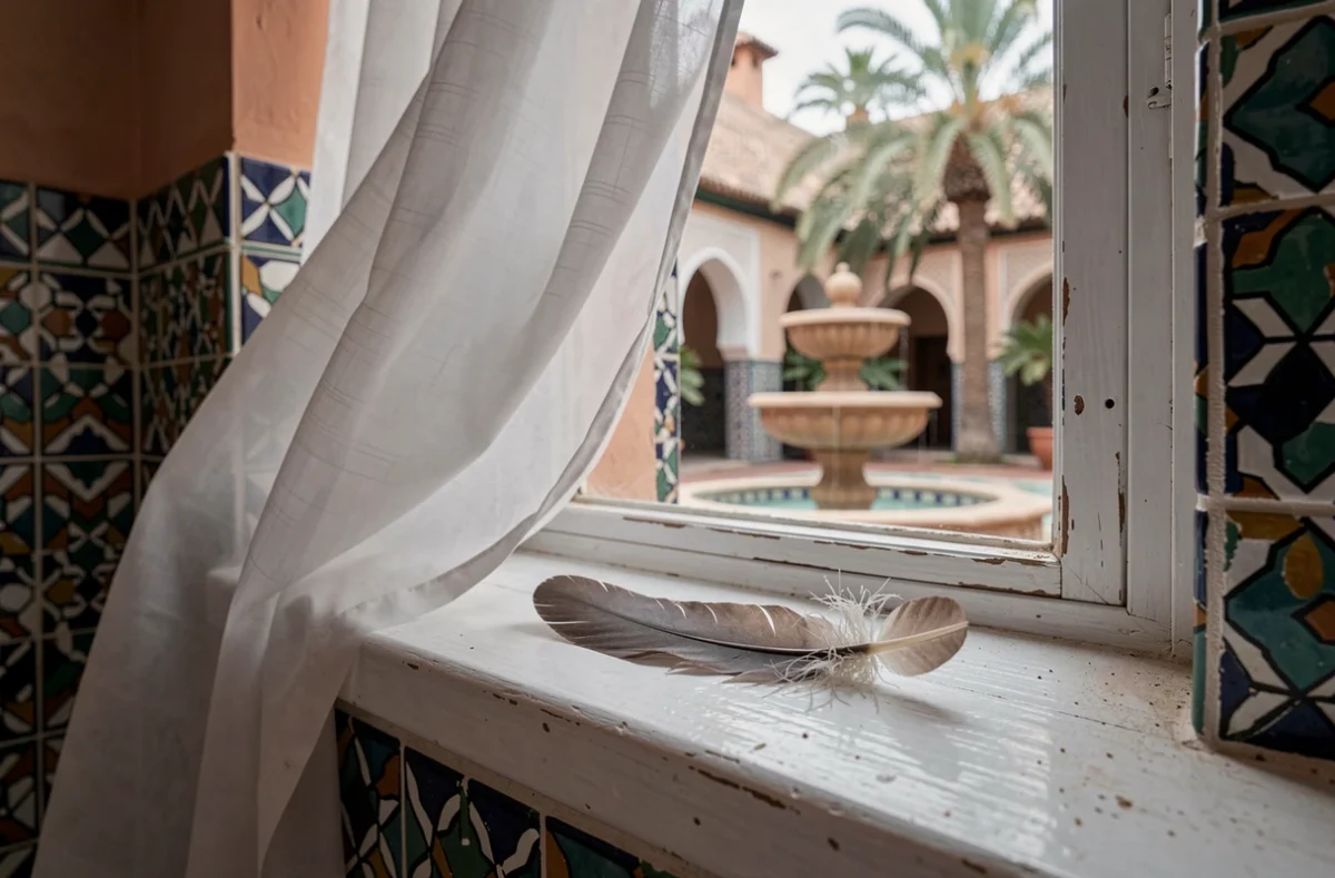 Plume posée sur un rebord de fenêtre dans une maison de style islamique, lumière naturelle