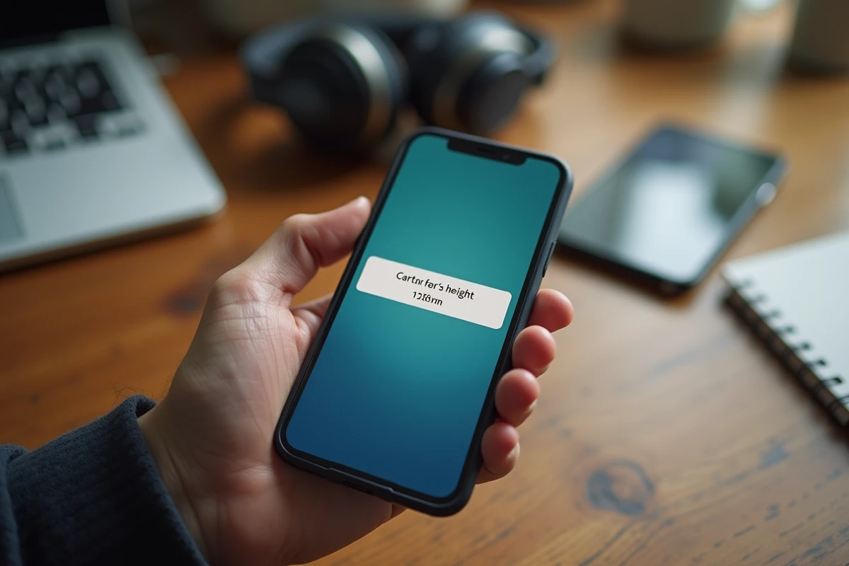 Main tenant un smartphone affichant la recherche de la taille de Cartman