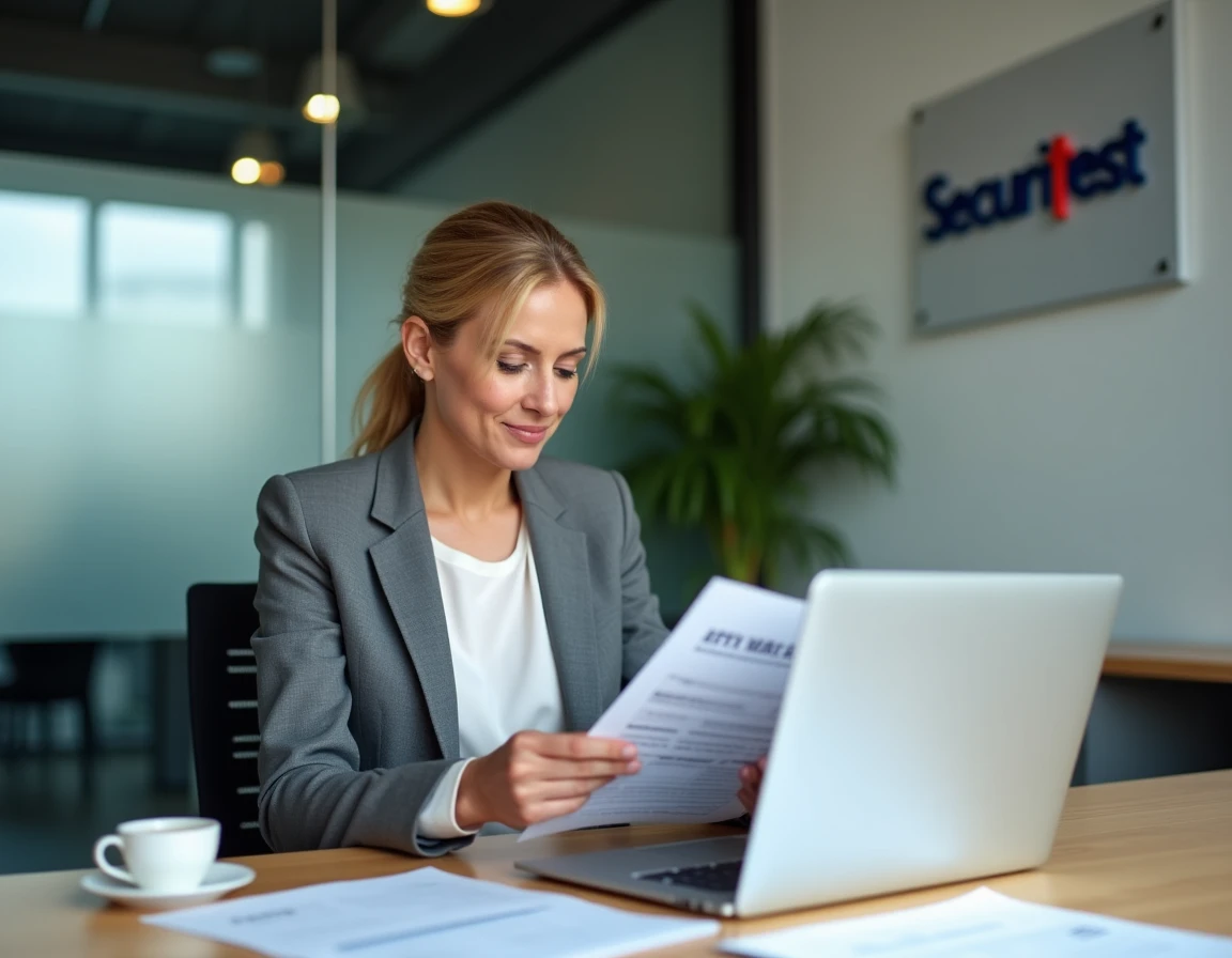 Responsable administrative consultant les rapports de l'espace partenaire Securitest dans un bureau de centre automobile moderne