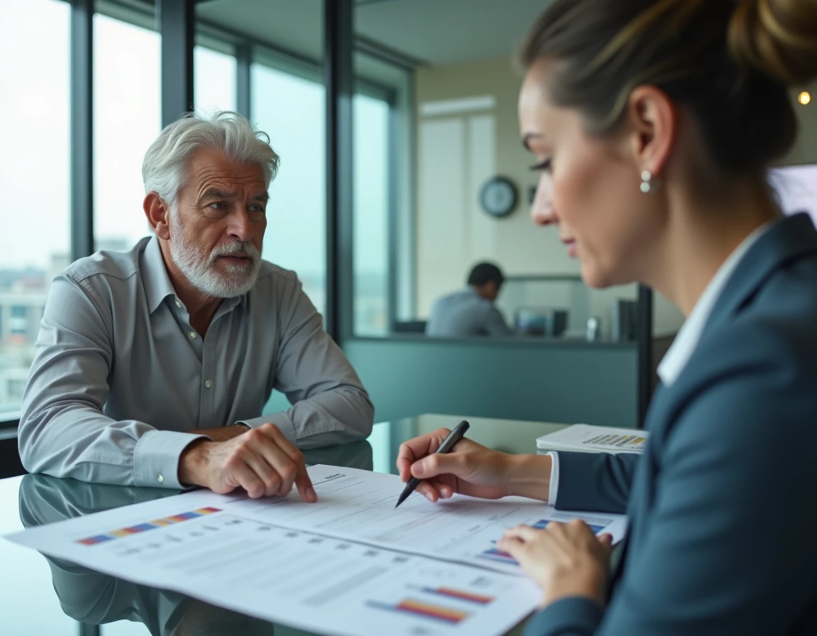 Propriétaire et agent immobilier analysant une fiche de calcul de plus-value et durée de détention