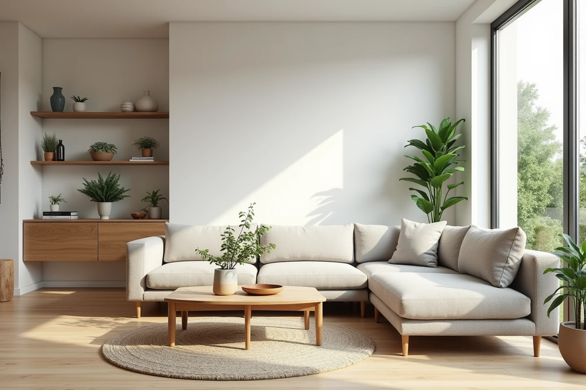 Salon moderne et épuré au style scandinave avec mobilier en bois naturel et plantes vertes dans une maison rénovée