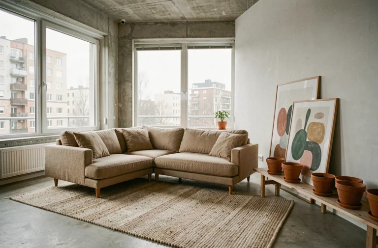 Salon style scandinave avec canapé en lin, tapis en laine et étagère en chêne décorée de plantes en terre cuite