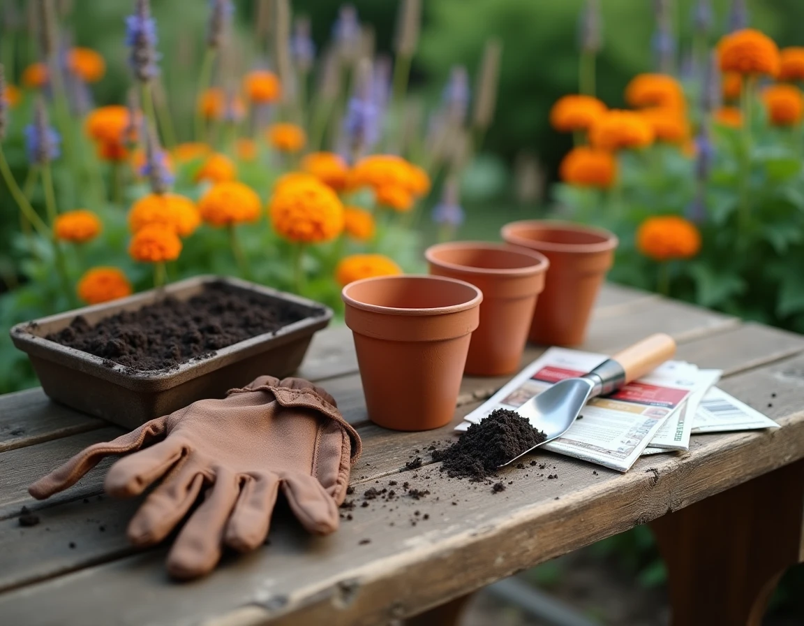 Table de rempotage en bois avec outils de jardinage, petits pots en terre cuite et sachets de graines pour préparer un jardin