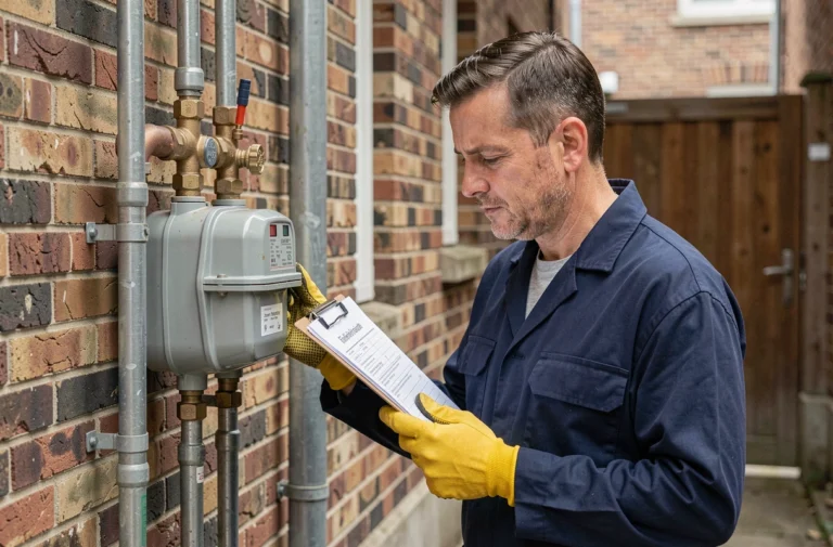 Technicien en uniforme inspectant un compteur de gaz naturel sur un mur en brique lors d'un raccordement résidentiel