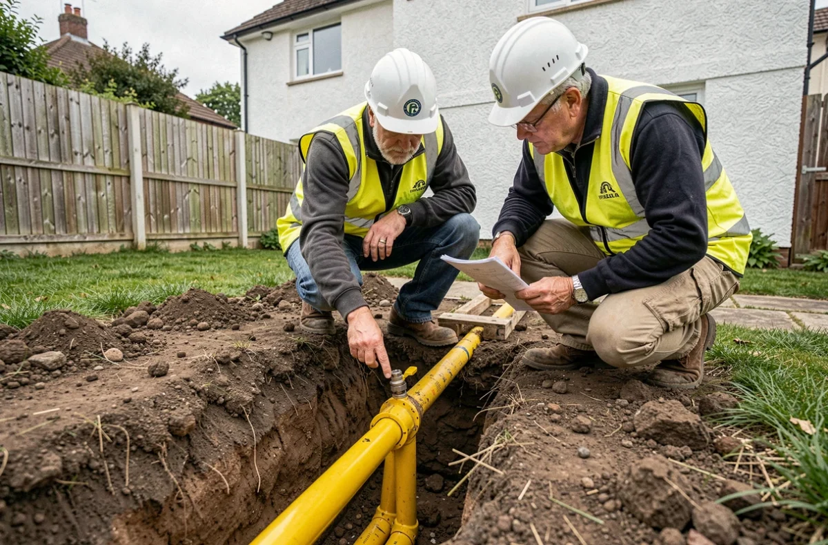 Deux techniciens posant des canalisations de gaz naturel dans une tranchée de jardin résidentiel lors d'un raccordement extérieur
