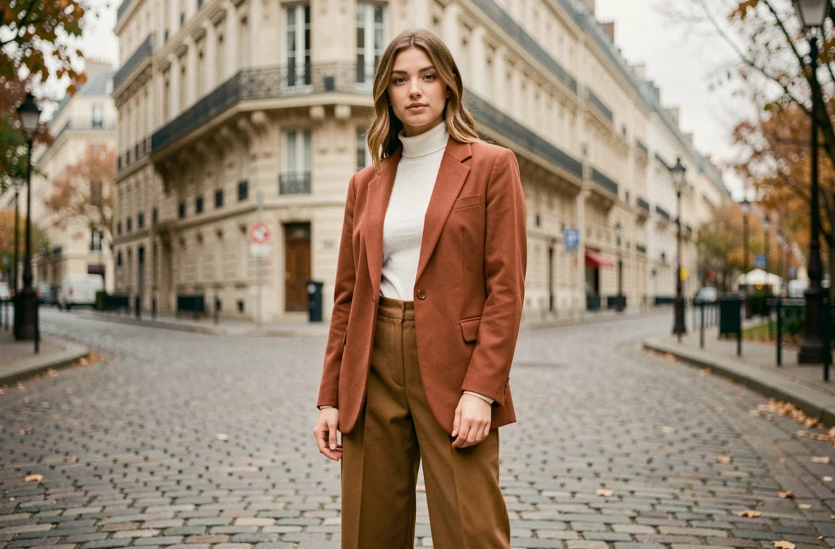 Jeune femme en blazer terracotta et pantalon camel tendance dans une rue pavée parisienne, look mode automne-hiver