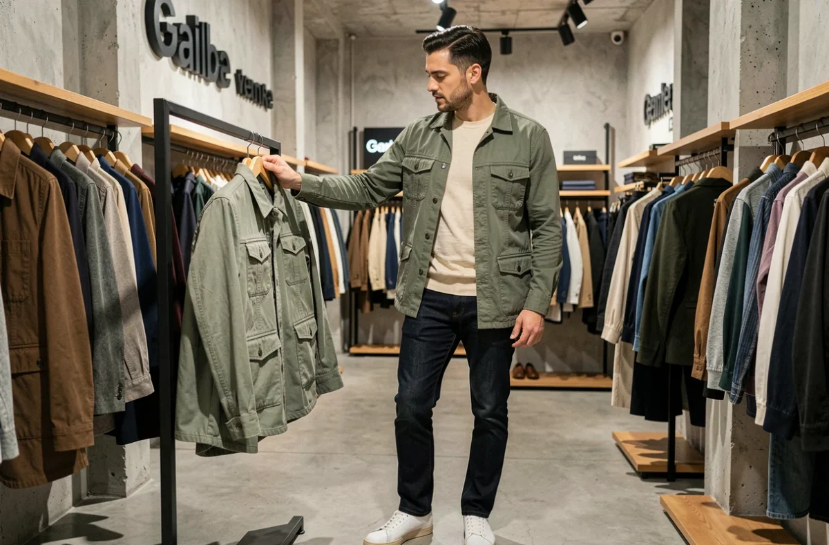 Homme stylé en overshirt vert sauge et denim indigo dans un concept store moderne, tendances mode masculine contemporaine