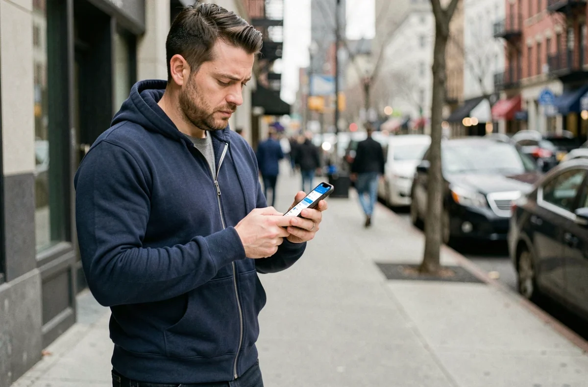 Homme vérifiant sa consommation de données mobiles Lycamobile dans la rue en ville