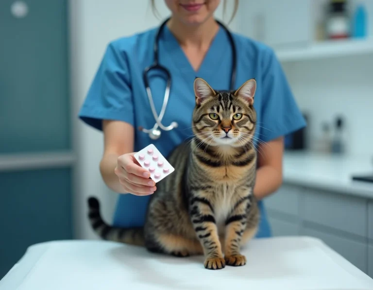 Vétérinaire présentant du Clavaseptin en comprimés à un chat tigré calme sur une table d'examen clinique
