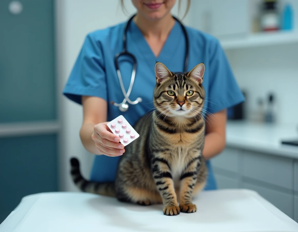 Vétérinaire présentant du Clavaseptin en comprimés à un chat tigré calme sur une table d'examen clinique