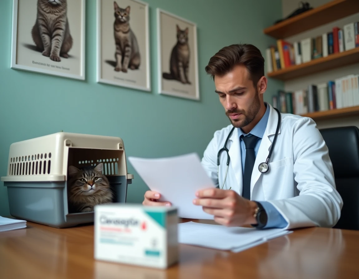 Vétérinaire consultant des notes sur le traitement antibiotique au Clavaseptin pour un chat persan gris
