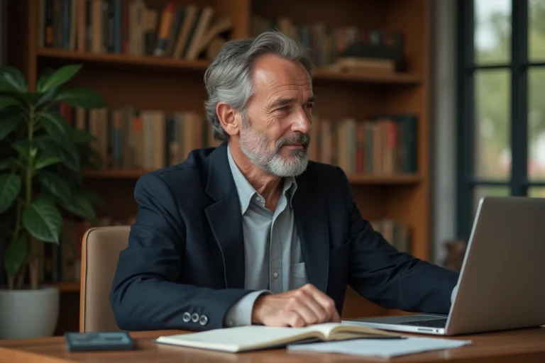 Portrait éditorial d'un homme d'une cinquantaine d'années dans un bureau à domicile, illustrant la vie privée d'Anthony Bellanger