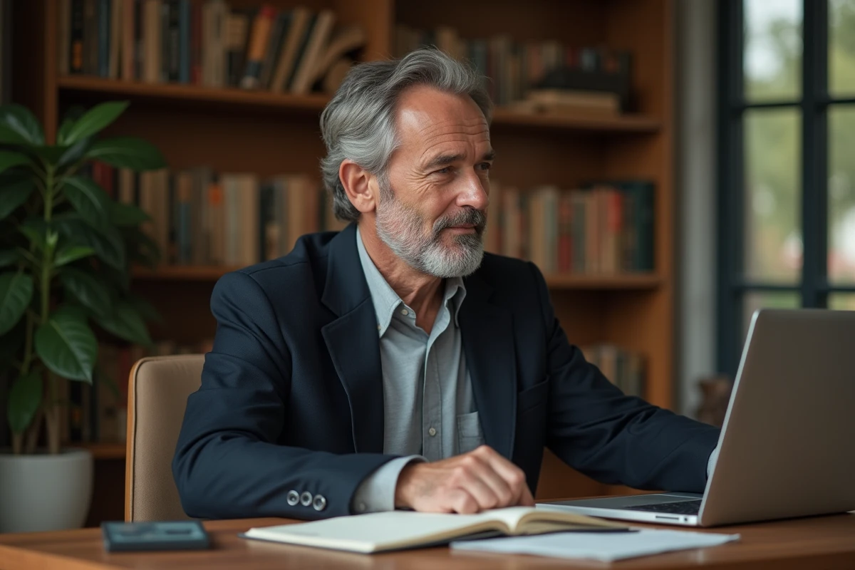 Portrait éditorial d'un homme d'une cinquantaine d'années dans un bureau à domicile, illustrant la vie privée d'Anthony Bellanger