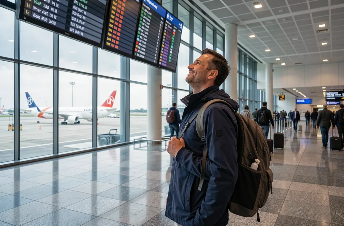 Voyageur masculin dans un terminal d'aéroport international consultant le tableau des départs