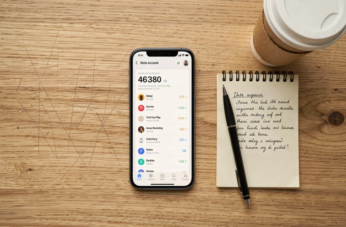 Vue de dessus d'un smartphone affichant le solde de crédit internet Lycamobile sur un bureau en bois